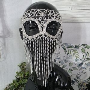 Silver Statement Crystal Rhinestone Face Mask with Front Fringe